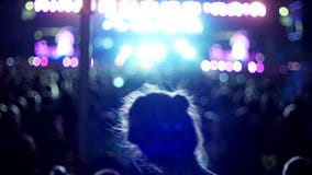 Chica joven que tiene baile de la diversión en un concierto de rock en el fondo de la escena con las luces coloreadas almacen de video Chica joven que tiene baile de la diversión en un concierto de rock en el fondo de la escena con las luces coloreadas almacen de video