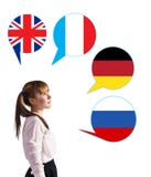 Chica joven y burbujas con las banderas de países Imagenes de archivo
