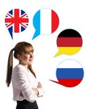 Chica joven y burbujas con las banderas de países Imagen de archivo