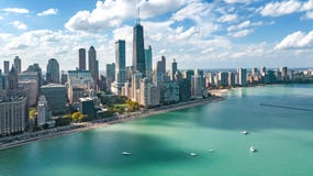 Chicago Skyline Aerial Drone View From Above, Lake Michigan And City Of Chicago Downtown Skyscrapers Cityscape, Illinois, USA Stock Photo Chicago Skyline Aerial Drone View From Above, Lake Michigan And City Of Chicago Downtown Skyscrapers Cityscape, Illinois, USA Stock Photo
