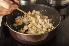 Chicken meat with onions, fried in a frying pan. royalty free stock images Chicken meat with onions, fried in a frying pan. royalty free stock images