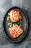 Chicken wrapped in bacon. Top view royalty free stock photo Chicken wrapped in bacon. Top view royalty free stock photo