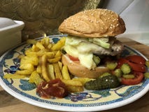 Chickenburger с бургером цыпленка, овощами, шлихтой Дижона и французским картофелем фри стоковая фотография rf Chickenburger с бургером цыпленка, овощами, шлихтой Дижона и французским картофелем фри стоковая фотография rf