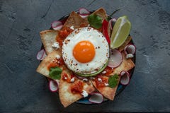 Chilaquiles Meksykański tortilla z pomidorowym salsa, kurczakiem i jajkiem w górę talerza, dalej horyzontalny widok od above obraz stock Chilaquiles Meksykański tortilla z pomidorowym salsa, kurczakiem i jajkiem w górę talerza, dalej horyzontalny widok od above obraz stock