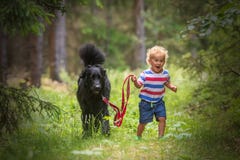 Child And Dog, Small Happy Boy With Black Hovawart Are Alone In The Forest Royalty Free Stock Images