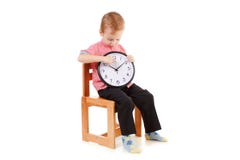 Child boss with clock and smart phone, time management concept isolated on white Stock Photos Child boss with clock and smart phone, time management concept isolated on white Stock Photos