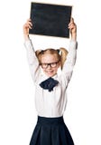 Child Girl Advertising School Blackboard, Kid in Glasses on White Stock Image Child Girl Advertising School Blackboard, Kid in Glasses on White Stock Image