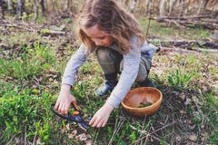 Child Girl Exploring Nature In Early Spring Forest. Kids Learning To Love Nature. Teaching Children About Seasons Changing. Royalty Free Stock Photography Child Girl Exploring Nature In Early Spring Forest. Kids Learning To Love Nature. Teaching Children About Seasons Changing. Royalty Free Stock Photography