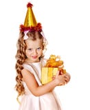 Child In Party Hat With Gold Gift Box . Child In Party Hat With Gold Gift Box .