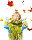 Child In Woolen Scarf Playing With Maple Leaves Royalty Free Stock Photos Child In Woolen Scarf Playing With Maple Leaves Royalty Free Stock Photos