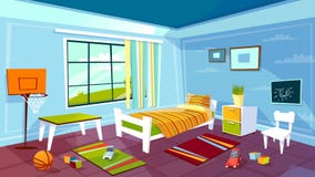 Child room vector cartoon illustration of kid boy bedroom interior furniture and toys background