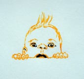 The kid looks out from behind the sheet stock illustration The kid looks out from behind the sheet stock illustration