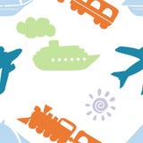 Childish seamless pattern with train, ship, steamer, plane, cloud, and Sun. Pastel colors stock illustration Childish seamless pattern with train, ship, steamer, plane, cloud, and Sun. Pastel colors stock illustration