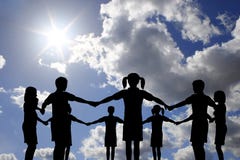 Children circle on real sunny sky