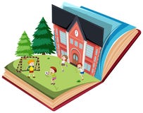 Children playing football on open book template vector illustration Children playing football on open book template vector illustration