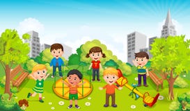 Children playing in the middle of the park against the backdrop of the city. Vector royalty free illustration Children playing in the middle of the park against the backdrop of the city. Vector royalty free illustration