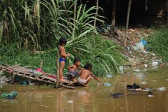 children playing with pollution