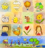 Children S Drawing Styles. Symbols Set With Human Family, Anim Stock Photo