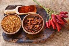 Chili pepper, fresh, dried, crushed and as powder royalty free stock image Chili pepper, fresh, dried, crushed and as powder royalty free stock image