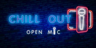 Chill Out, Open Mic. Party, Tourism And Vacation Advertisement Design. Night Bright Neon Sign, Colorful Billboard, Light Banner. Royalty Free Stock Image
