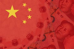 China national flag overlaid with Yuan renminbi banknotes. Chinese money and political situation. Concept of Chinese financial and