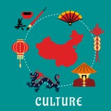 Chinese culture icons around a map. Chinese culture concept with dragon, mandarin or chinaman, lantern, calligraphy, fan, and wealth symbol around a map of China vector illustration Chinese culture icons around a map. Chinese culture concept with dragon, mandarin or chinaman, lantern, calligraphy, fan, and wealth symbol around a map of China vector illustration