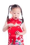 Chinese Girl Opening Red Packet Money Over White Background Royalty Free Stock Images
