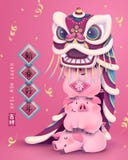 Chinese new year. With chubby pink pigs performing lion dance, welcome spring and good fortune written in Chinese characters Chinese new year. With chubby pink pigs performing lion dance, welcome spring and good fortune written in Chinese characters