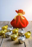 Chinese New Year Red fabric bag, ang pow with Chinese money of l stock photo Chinese New Year Red fabric bag, ang pow with Chinese money of l stock photo