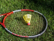 Chirrido del bádminton en la hierba verde imagenes de archivo Chirrido del bádminton en la hierba verde imagenes de archivo