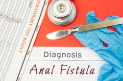 Chirurgicznie diagnoza Analna fistuła Chirurgicznie medycznego instrumentu skalpel, lateksowe rękawiczki, badanie krwi analizy kł zdjęcie stock Chirurgicznie diagnoza Analna fistuła Chirurgicznie medycznego instrumentu skalpel, lateksowe rękawiczki, badanie krwi analizy kł zdjęcie stock