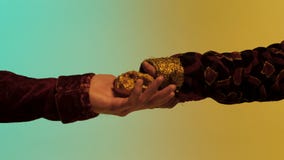 Chiuda su per la mano orientale dell'uomo che dà una grande pepita di oro ad un altro uomo, isolato su fondo verde e giallo azion fotografie stock libere da diritti Chiuda su per la mano orientale dell'uomo che dà una grande pepita di oro ad un altro uomo, isolato su fondo verde e giallo azion fotografie stock libere da diritti