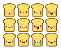 Chlebowego plasterek grzanki kreskówki maskotki charakteru śmieszna kreskówka ustawiająca z różnymi emocjami na kawaii twarzy Pła ilustracji Chlebowego plasterek grzanki kreskówki maskotki charakteru śmieszna kreskówka ustawiająca z różnymi emocjami na kawaii twarzy Pła ilustracji