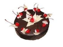 Chocolate cake covered with chocolate and decorated with cherries stock photos Chocolate cake covered with chocolate and decorated with cherries stock photos