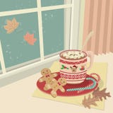 Chocolate caliente con las melcochas en Windows ilustración del vector Chocolate caliente con las melcochas en Windows ilustración del vector