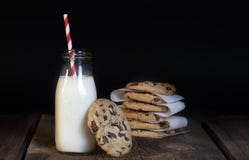 Chocolate Chip Cookies Bottle of Milk royalty free stock image Chocolate Chip Cookies Bottle of Milk royalty free stock image