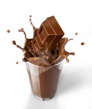 Chocolate cubes splashing into a chocolate milkshake glass.