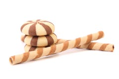 Chocolate Striped Wafer Rolls And Stake Biscuits. Royalty Free Stock Photography