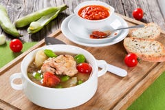 Choses braisées de poulet avec les pommes de terre de primeurs et les tomates image stock Choses braisées de poulet avec les pommes de terre de primeurs et les tomates image stock