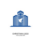 Christian church logo. Bible symbols. The cross of Jesus Christ and the dove on the background of buildings royalty free illustration Christian church logo. Bible symbols. The cross of Jesus Christ and the dove on the background of buildings royalty free illustration
