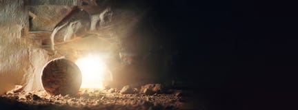 Christian Easter concept. Jesus Christ resurrection. Empty tomb of Jesus with light. Born to Die, Born to Rise. He is
