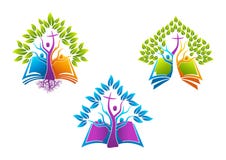 Christliches Baumlogo der Bibel, Familie Heiliger Geist der Buchwurzelikone, Leutekirchenvektor-Symboldesign Christliches Baumlogo der Bibel, Familie Heiliger Geist der Buchwurzelikone, Leutekirchenvektor-Symboldesign
