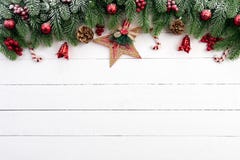 Christmas background concept. Top view of Christmas gift box red balls with spruce branches, royalty free stock photography Christmas background concept. Top view of Christmas gift box red balls with spruce branches, royalty free stock photography