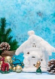 Christmas background with Christmas decorations. Floral decorations. Blue background with a snow-white winter home. Christmas royalty free stock photos Christmas background with Christmas decorations. Floral decorations. Blue background with a snow-white winter home. Christmas royalty free stock photos