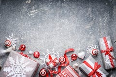 Christmas Background Festive Gift Boxes And Presents, Paper Snowflakes ,red Ribbons And Decoration Royalty Free Stock Photo Christmas Background Festive Gift Boxes And Presents, Paper Snowflakes ,red Ribbons And Decoration Royalty Free Stock Photo