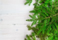 Christmas Background Greens Spruce Twigs White Wooden Stock Photos Christmas Background Greens Spruce Twigs White Wooden Stock Photos