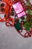 Christmas background. pink gift, spruce branches and decoration. new year decorations. Winter holidays concept. Top view. royalty free stock photo Christmas background. pink gift, spruce branches and decoration. new year decorations. Winter holidays concept. Top view. royalty free stock photo
