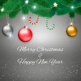 Christmas background with sign. Christmas card with colorful glass balls, snowflakes, fur branches, candycaens, stars and chains at light background and sign royalty free illustration Christmas background with sign. Christmas card with colorful glass balls, snowflakes, fur branches, candycaens, stars and chains at light background and sign royalty free illustration