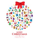 Christmas ball composed of new year icons and symbols. Decorated with star. Flat style art icons set on green background stock illustration Christmas ball composed of new year icons and symbols. Decorated with star. Flat style art icons set on green background stock illustration