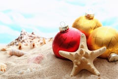 Christmas Balls And Seashells On The Beach Stock Image Christmas Balls And Seashells On The Beach Stock Image